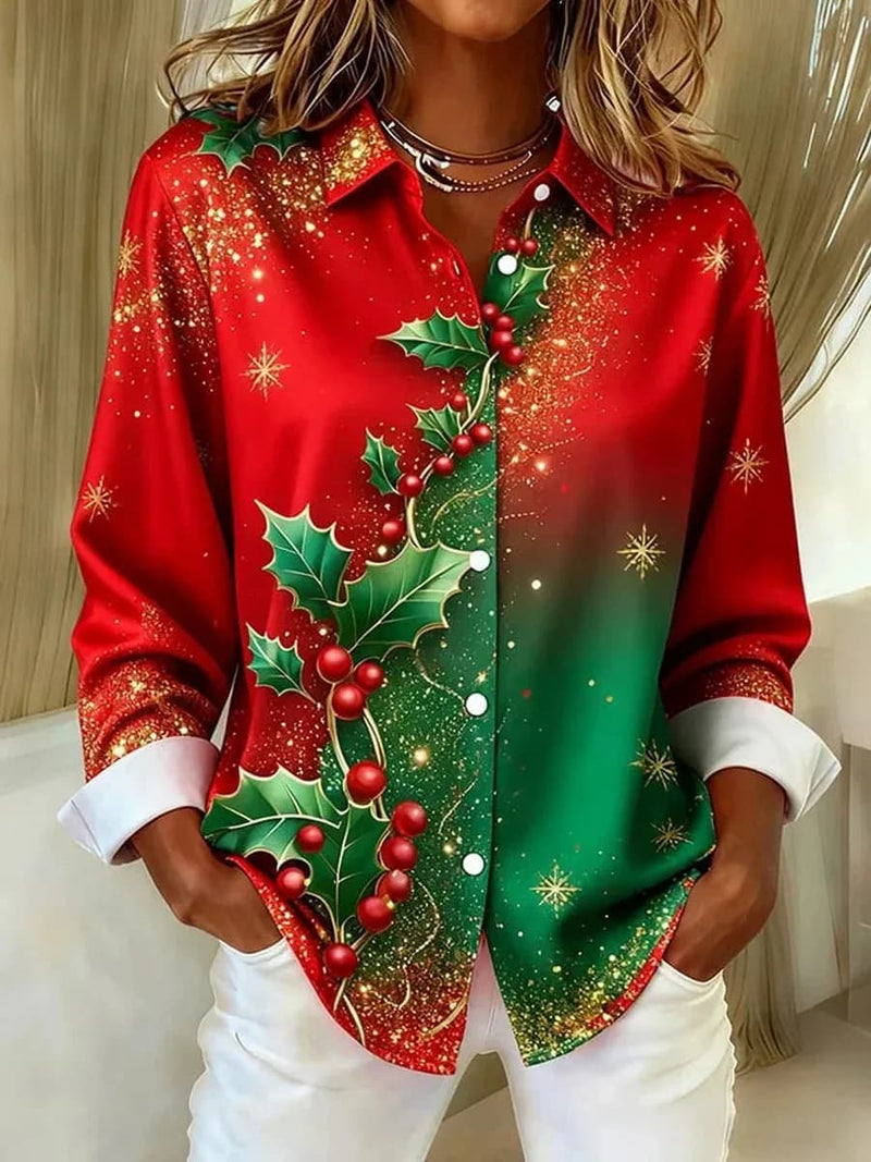 Women's Christmas Red Green Holly Print Collared Long Sleeve Shirt