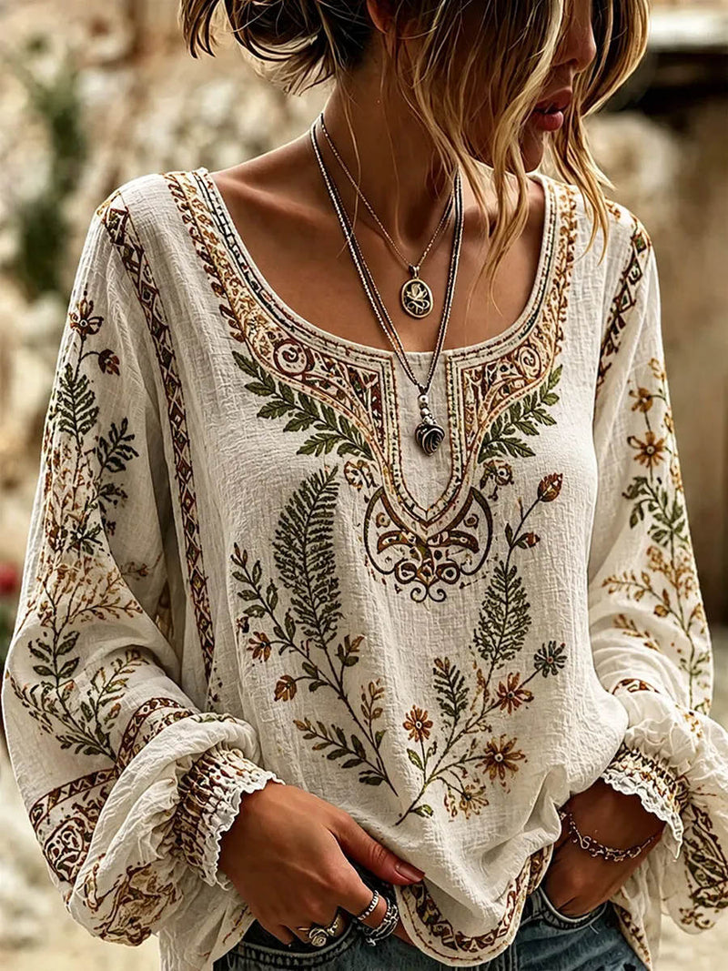 Women's Multi Floral Round Neck Long Sleeve Blouse
