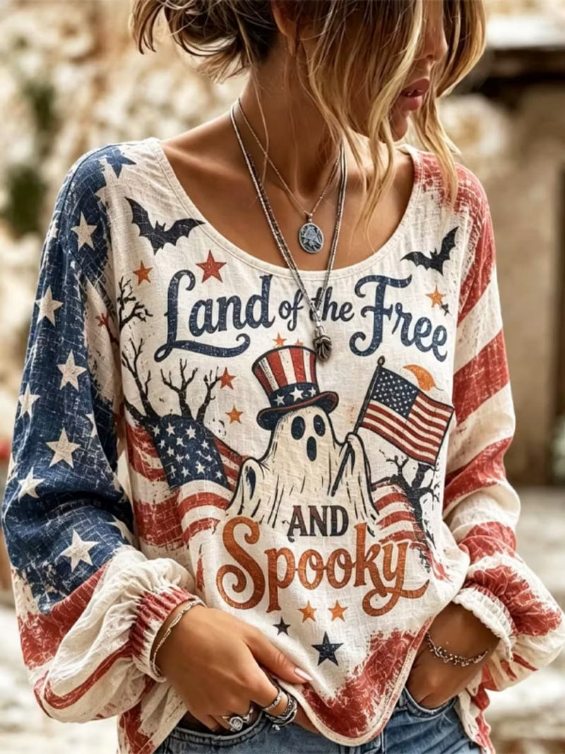 Women's Halloween Multi Ghost Bat Star Print Round Neck Long Sleeve Blouse