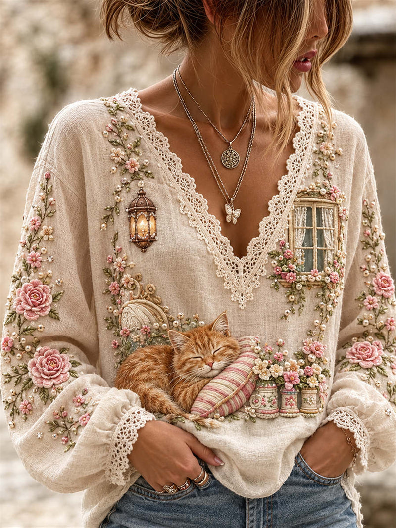 Women's Beige Floral Cat Lace V Neck Long Sleeve Blouse