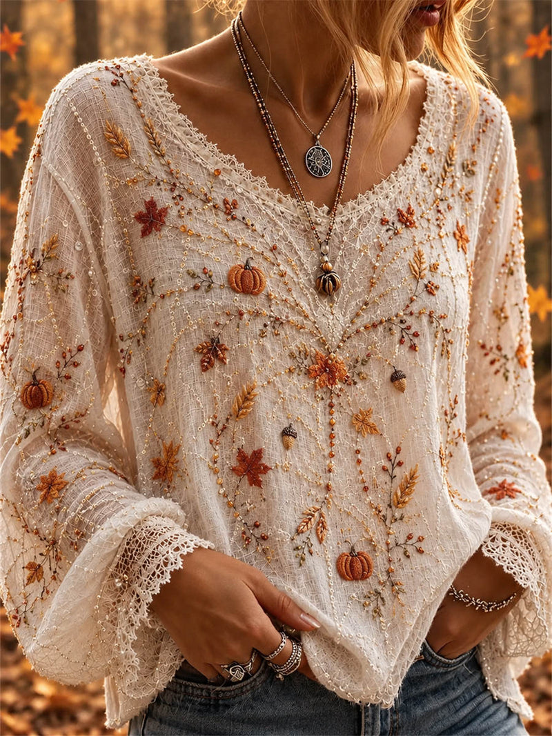 Women's Thanksgiving Off White Pumpkin Maple Print Round Neck Long Sleeves Blouse