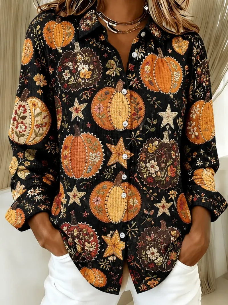 Women's Thanksgiving Black Pumpkin Floral Print Collar Long Sleeve Shirt