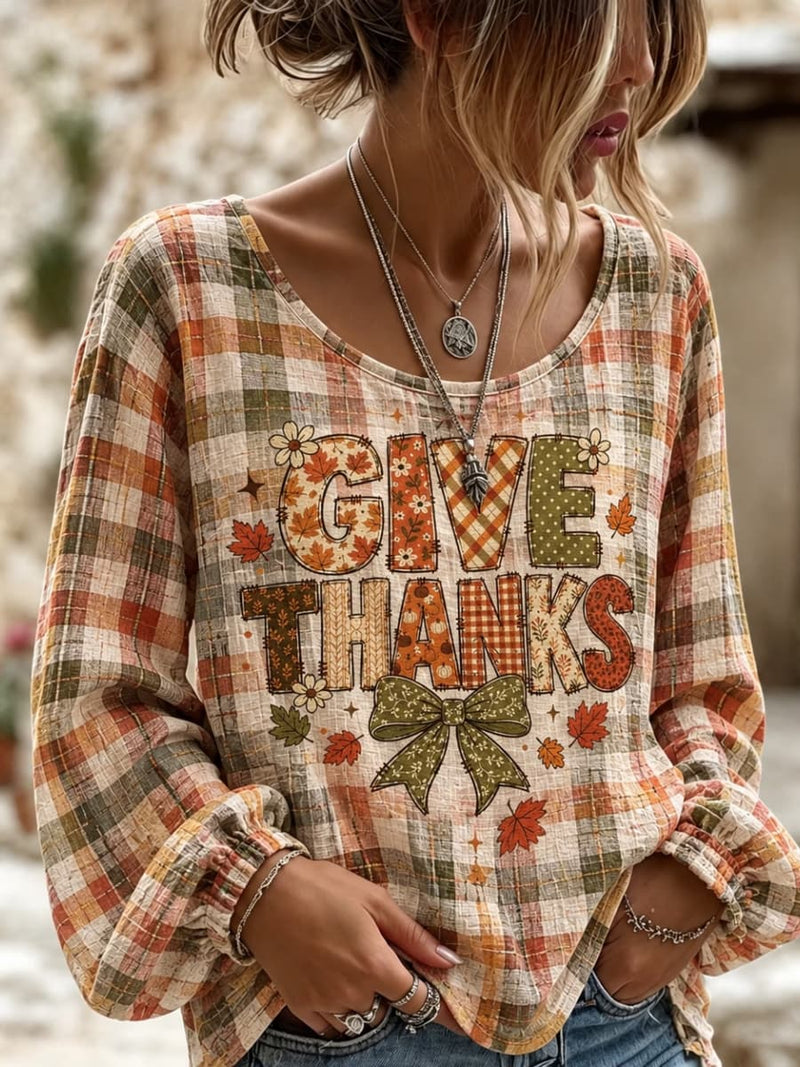 Women's Thanksgiving Multi Plaid Give Thanks Letter Maple Print Scoop Neck Long Sleeve Blouse