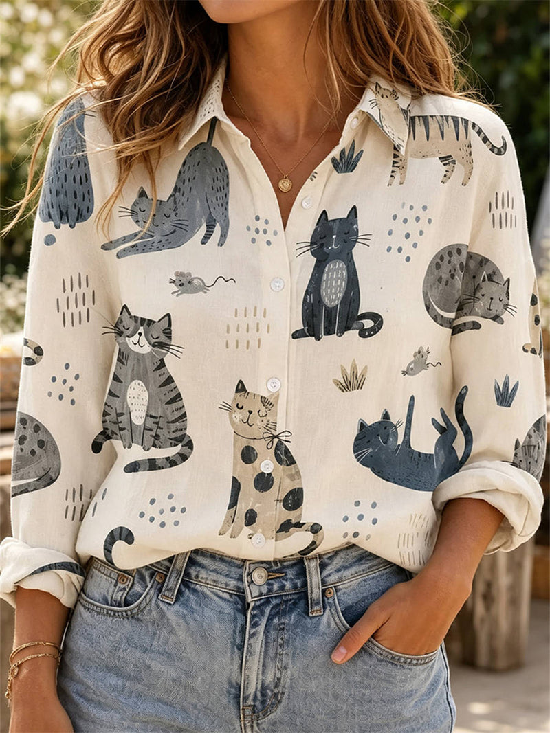 Women's Multi Cat Print Collar Long Sleeve Blouse