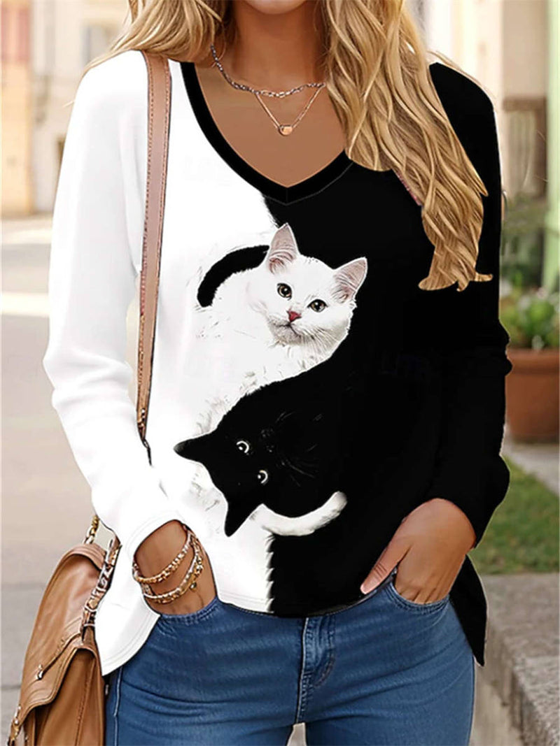 Women's Black White Color Block Cat Print V Neck Long Sleeve Blouse