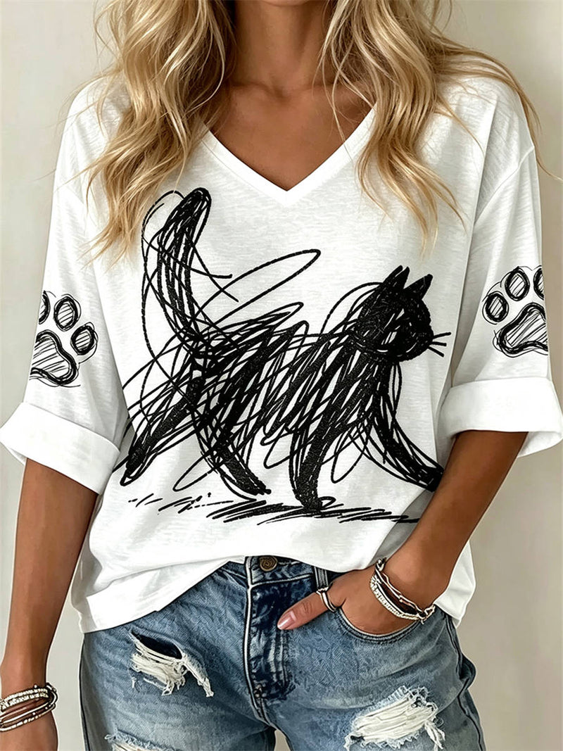 Women's White Cat Sketch V Neck Three Quarter Sleeve Blouse
