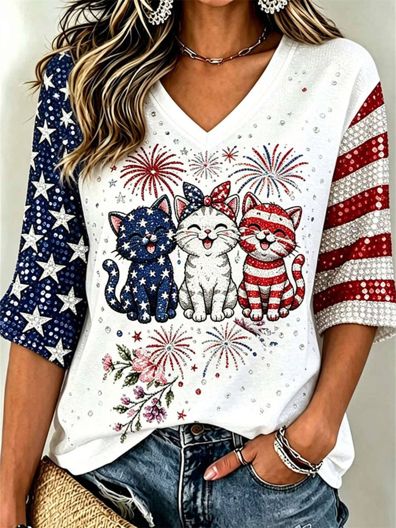 Women's White Cat Graphic V Neck Three Quarter Sleeve Blouse