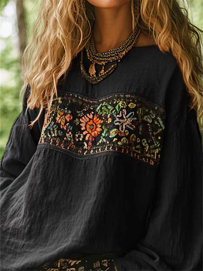 Women's Black Boho Print Round Neck Long Sleeve Blouse