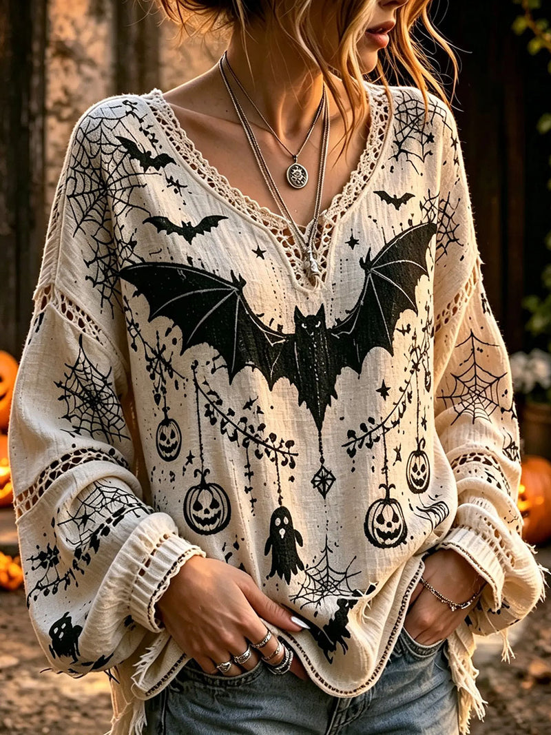 Women's Halloween Cream Bat Ghost Pumpkin Lace V Neck Long Sleeve Blouse