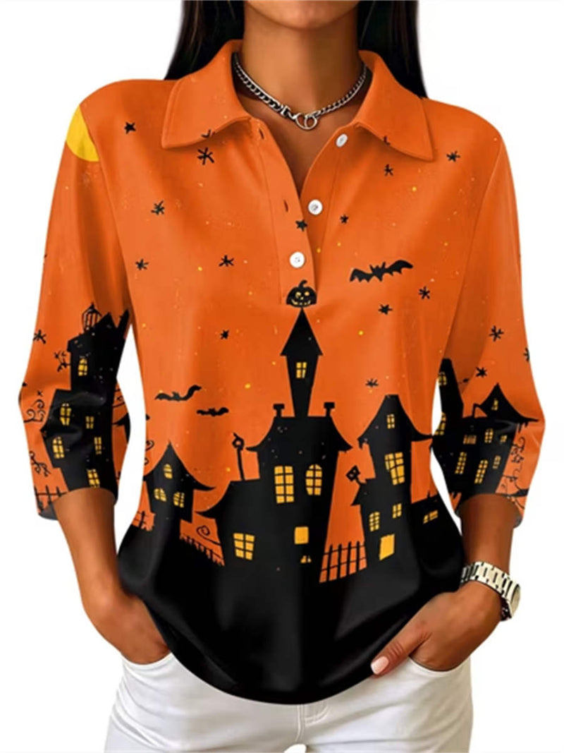 Women's Halloween Orange Haunted House Print Collared Three Quarter Sleeve Blouse