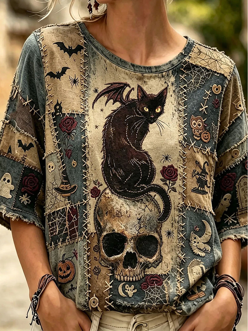 Women's Halloween Multi Bat Cat Print Round Neck 3/4 Sleeve Blouse