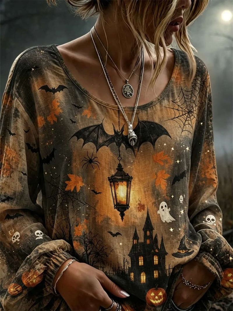 Women's Halloween Multi Haunted House Print Round Neck Long Sleeve Blouse