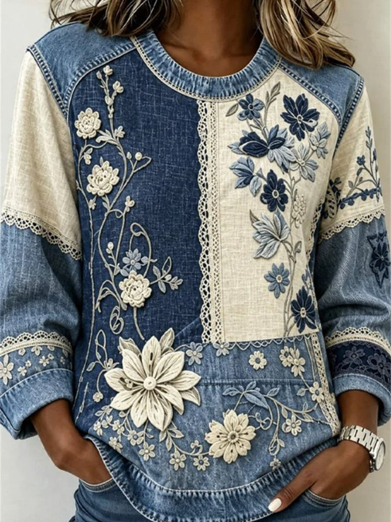 Women's Blue Floral Lace Patchwork Round Neck Long Sleeve Blouse