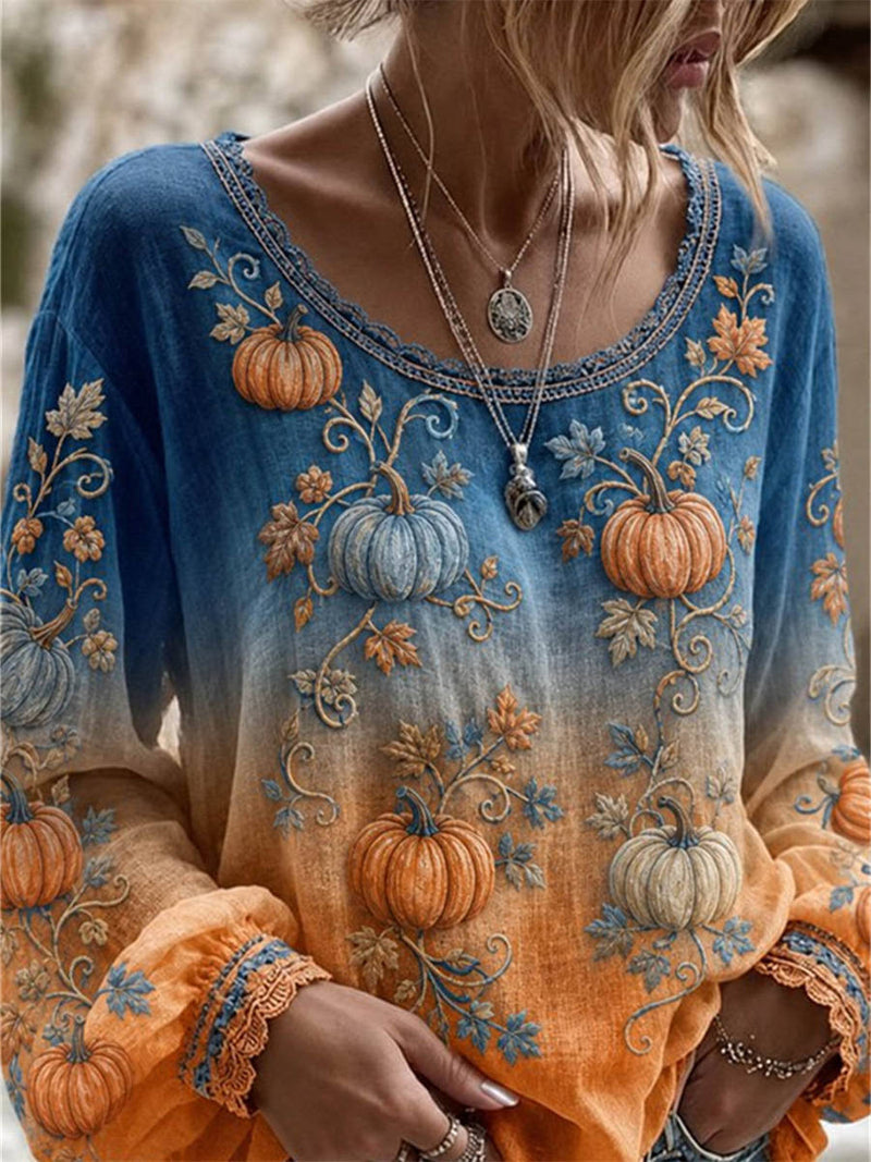 Women's Halloween Blue Orange Pumpkin Print Round Neck Long Sleeve Blouse