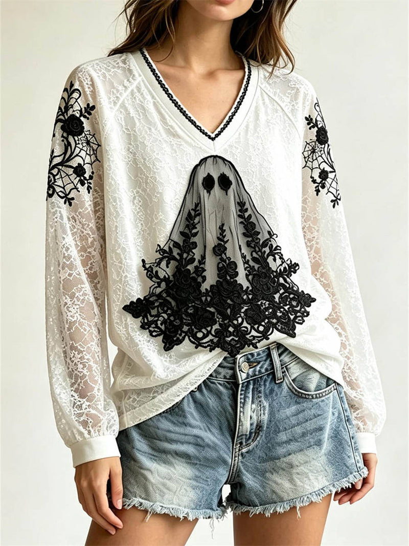 Women's Halloween White Black Lace Ghost Print V Neck Long Sleeve Blouse