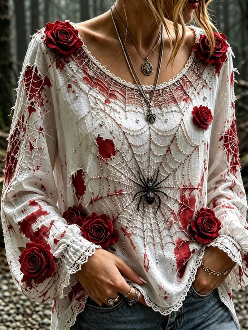 Women's Halloween White Red Spider Web Rose Print Round Neck Long Sleeve Blouse