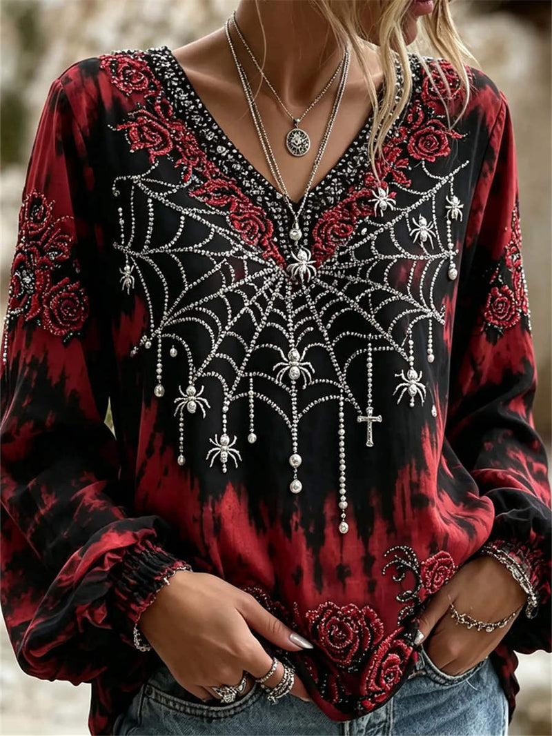 Women's Halloween Black Red Spider Web Print V Neck Long Sleeve Blouse