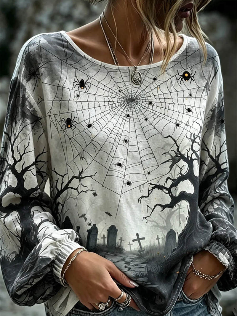 Women's Halloween Grey Spider Web Print Round Neck Long Sleeve Blouse