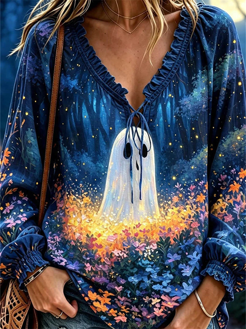 Women's Halloween Navy Ghost Floral Print V Neck Long Sleeve Blouse