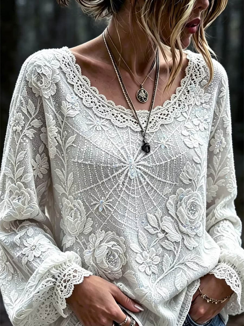 Women's Halloween White Spider Web Lace Round Neck Long Sleeve Blouse