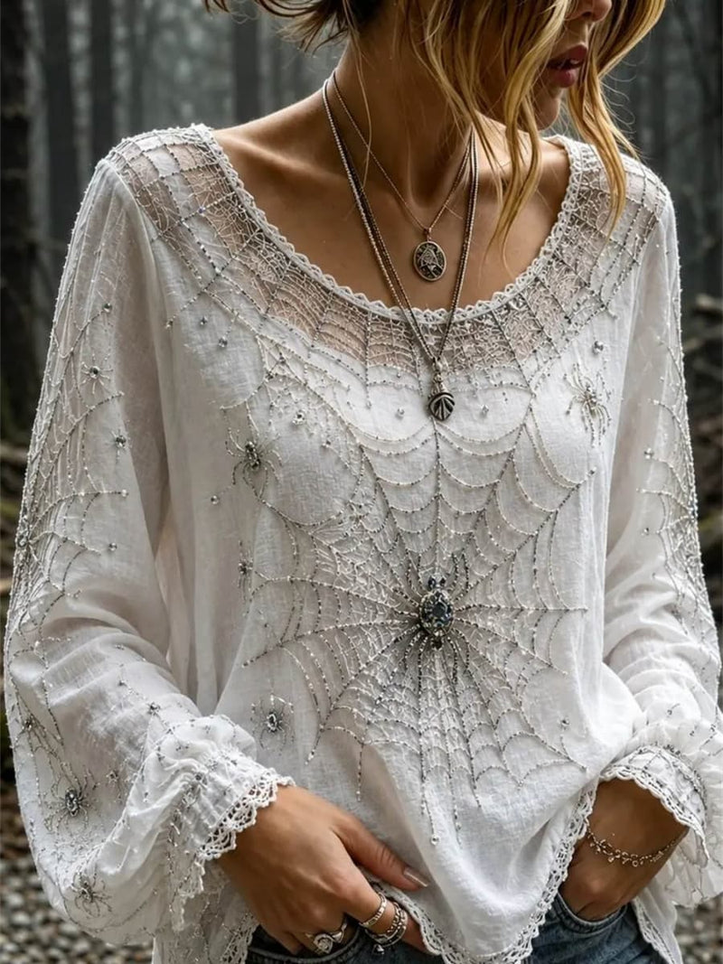 Women's Halloween White Spider Web Lace Round Neck Long Sleeve Blouse