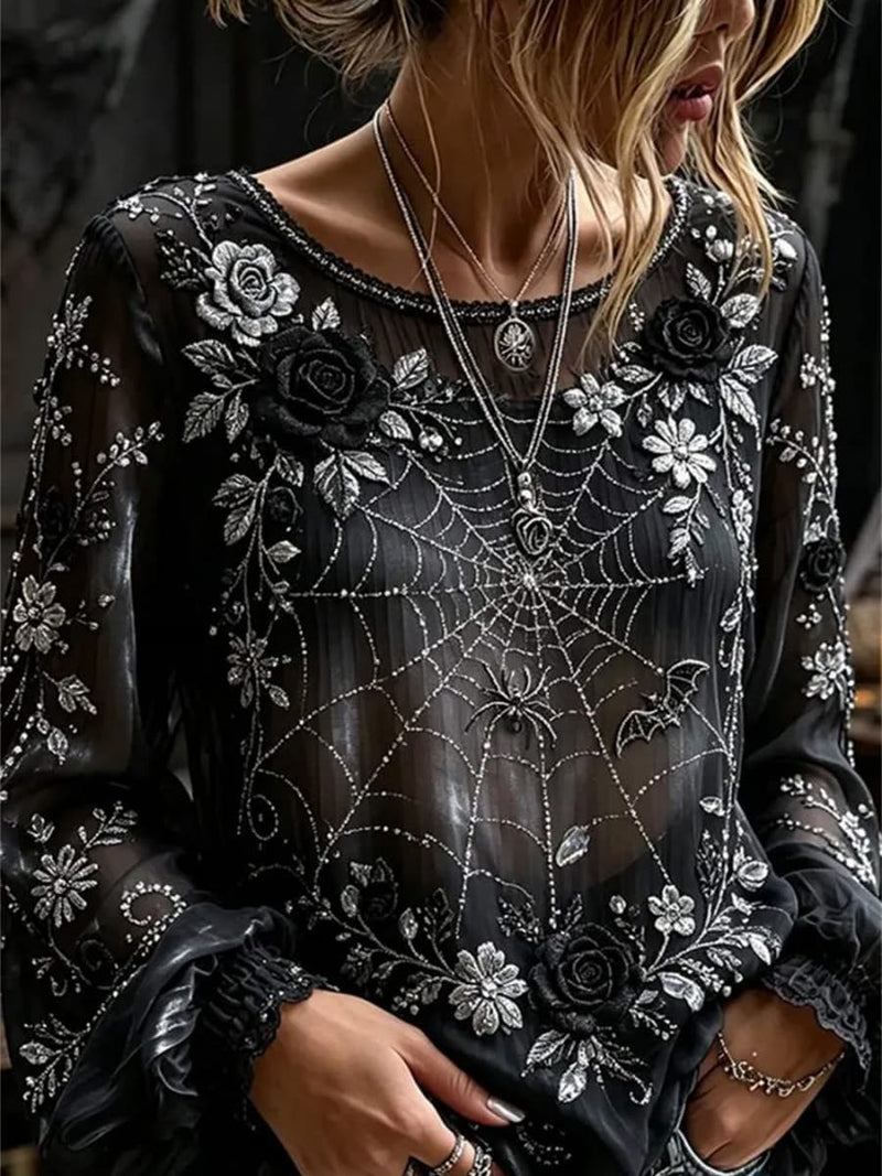 Women's Halloween Black Silver Spider Web Lace Round Neck Long Sleeve Blouse
