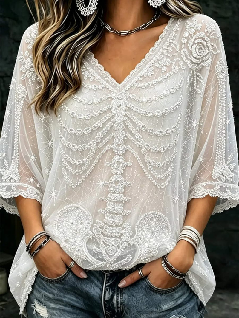 Women's Halloween White Spider Web Lace V Neck 3/4 Sleeve Blouse