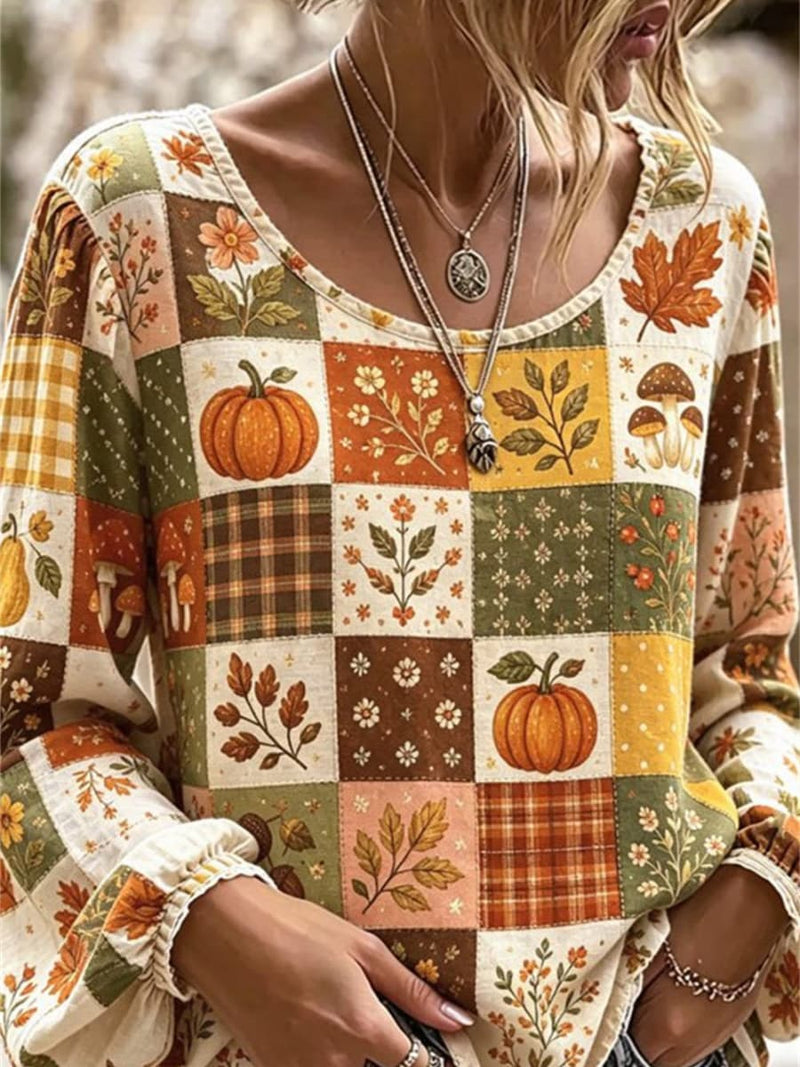 Women's Halloween Multi Pumpkin Patchwork Print Round Neck Long Sleeve Blouse
