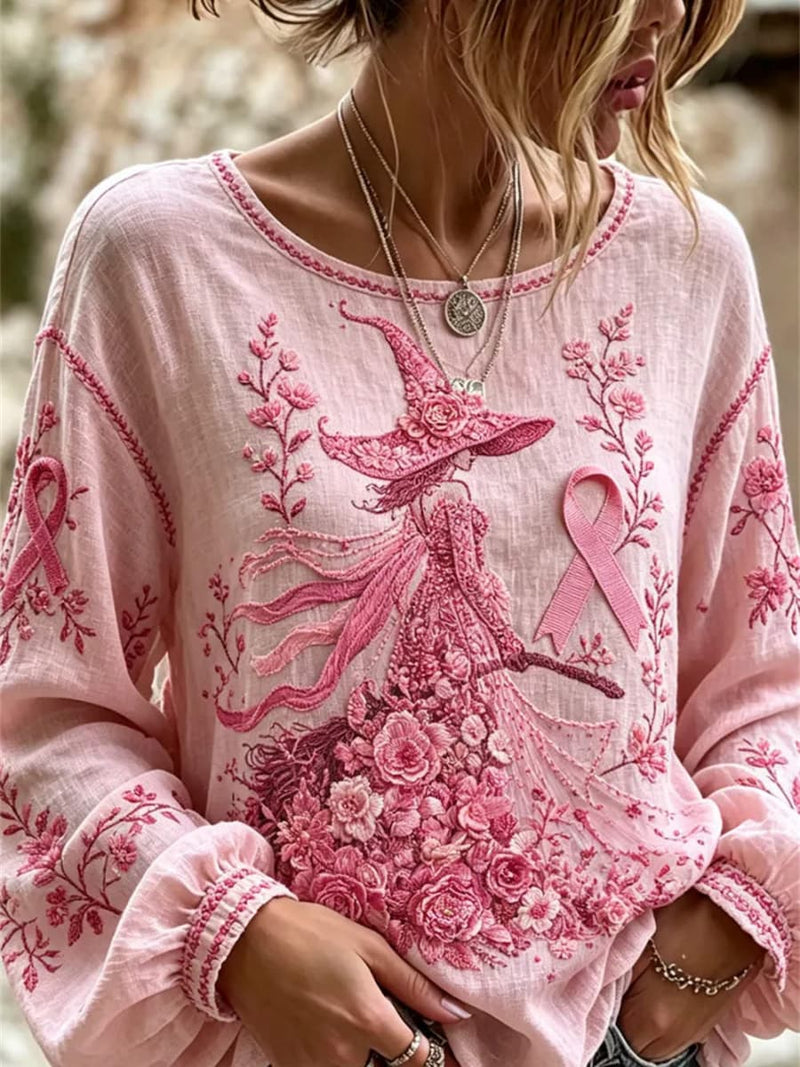 Women's Halloween Pink Witch Ribbon Print Round Neck Long Sleeve Blouse