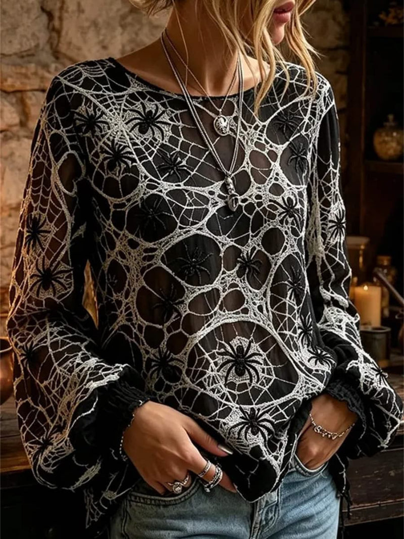 Women's Halloween Black White Spider Web Lace Round Neck Long Sleeve Blouse