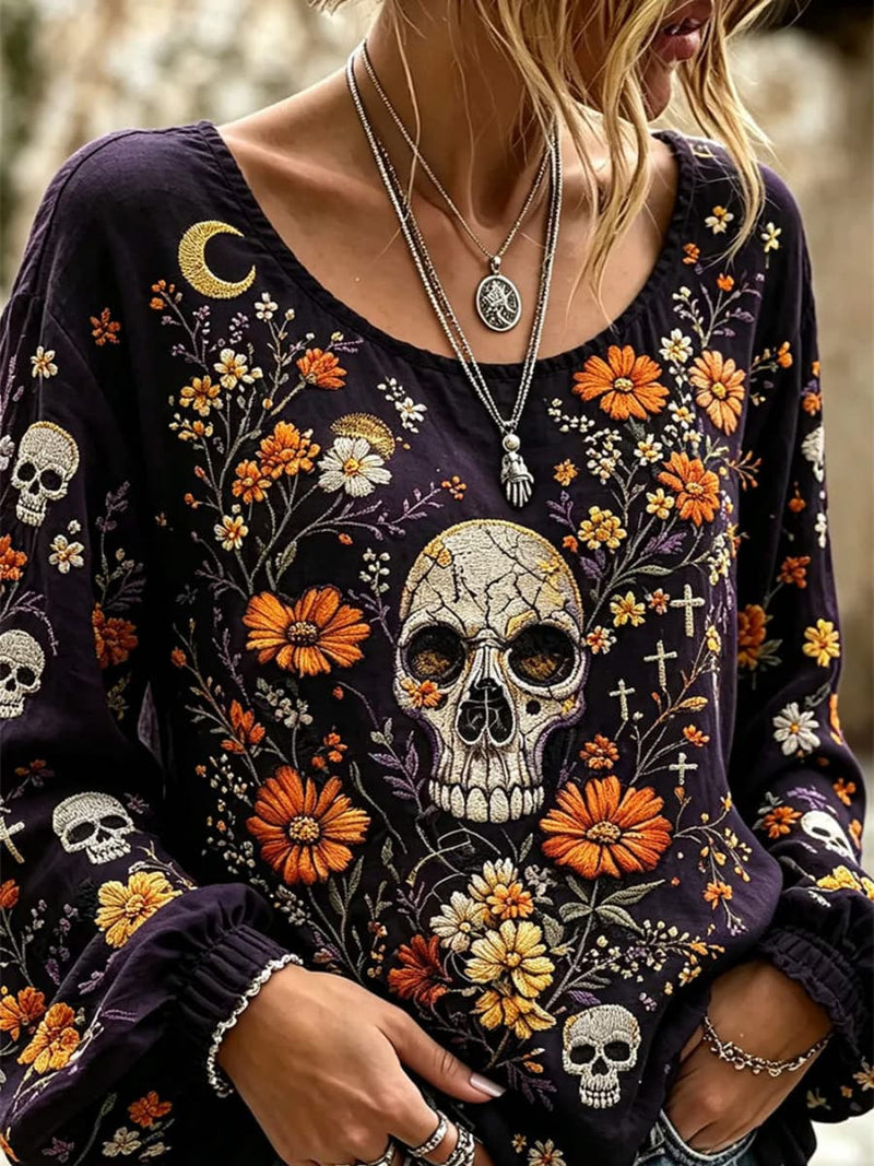 Women's Halloween Purple Skull Floral Print Round Neck Long Sleeve Blouse