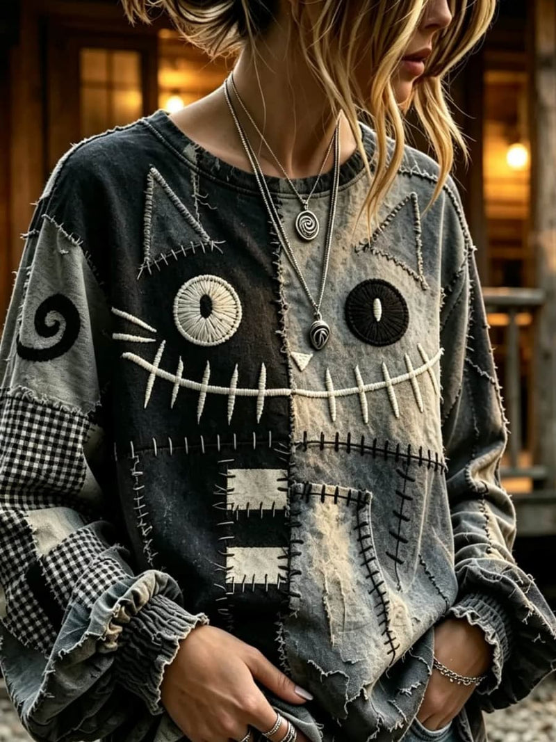 Women's Halloween Grey Cat Patchwork Print Round Neck Long Sleeve Blouse