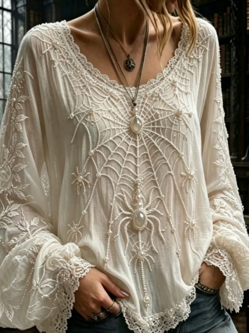 Women's Halloween White Spider Web Lace V Neck Long Sleeve Blouse