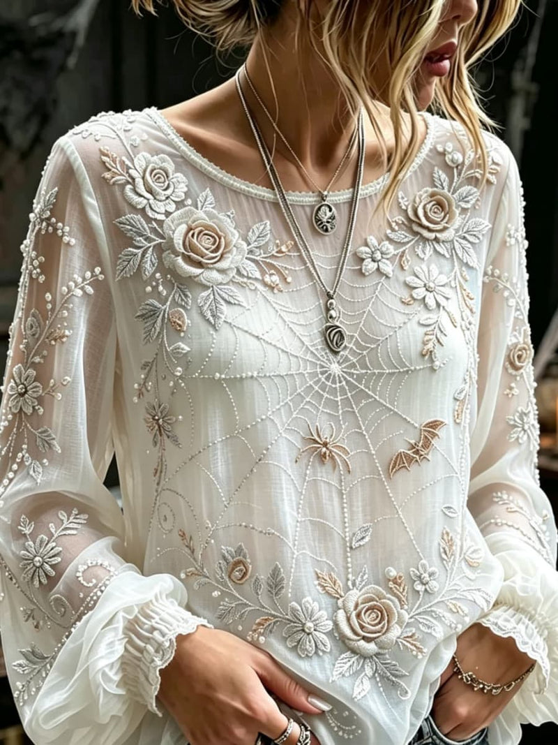 Women's Halloween White Spider Web Lace Round Neck Long Sleeve Blouse