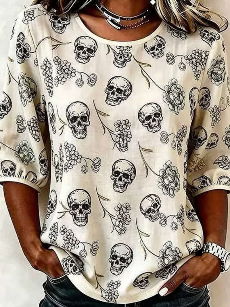 Women's Halloween Beige Skull Floral Print Round Neck 3/4 Sleeve Blouse