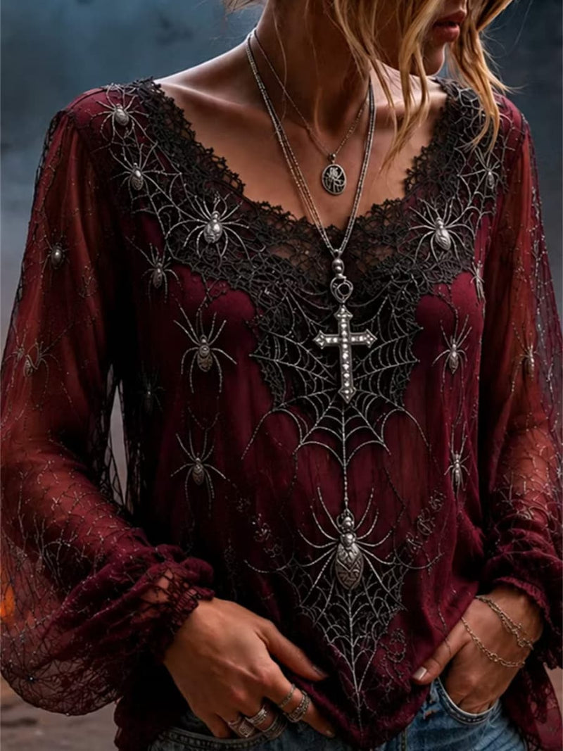 Women's Halloween Burgundy Spider Web Lace V Neck Long Sleeve Blouse