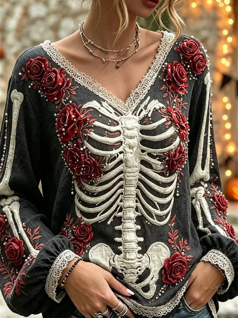 Women's Halloween Black Rose Skeleton Lace V Neck Long Sleeve Blouse
