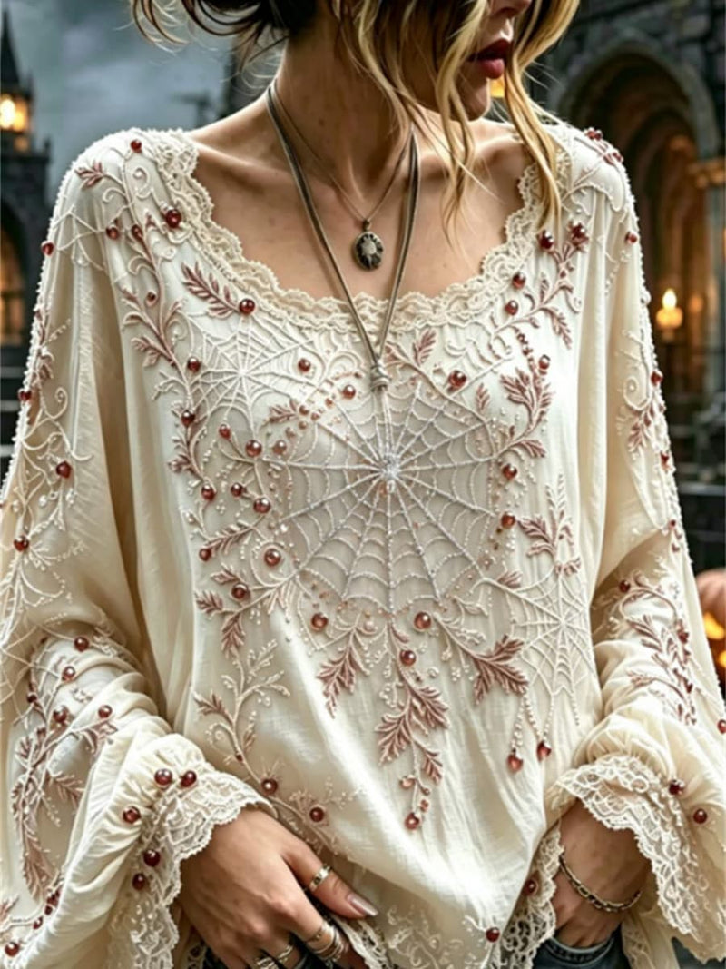 Women's Halloween White Spider Web Lace Round Neck Long Sleeve Blouse