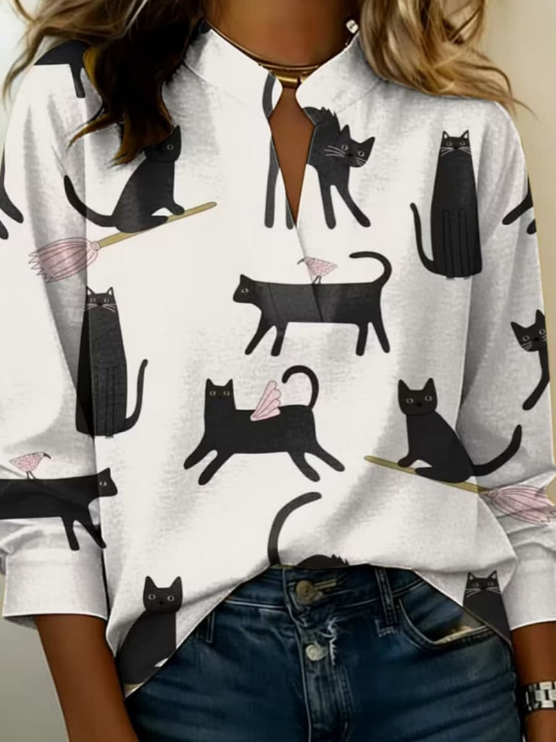 Women's White Cat Print Collared Long Sleeve Shirt