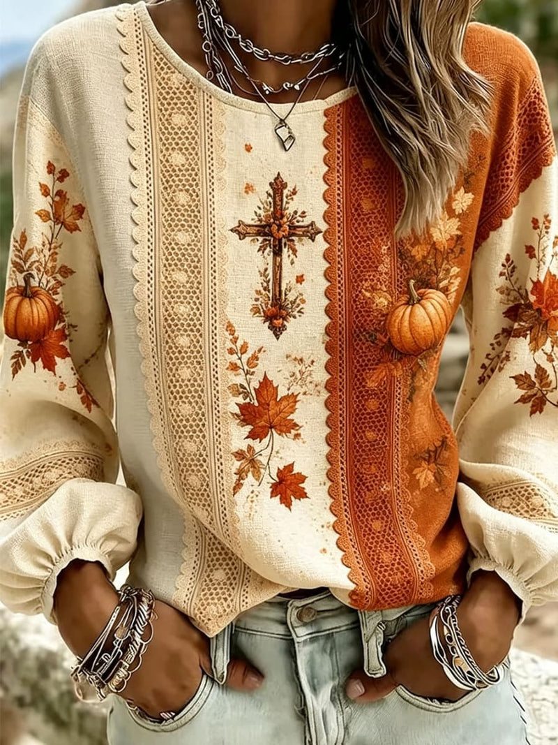 Women's Halloween Multi Pumpkin Cross Print Round Neck Long Sleeve Blouse