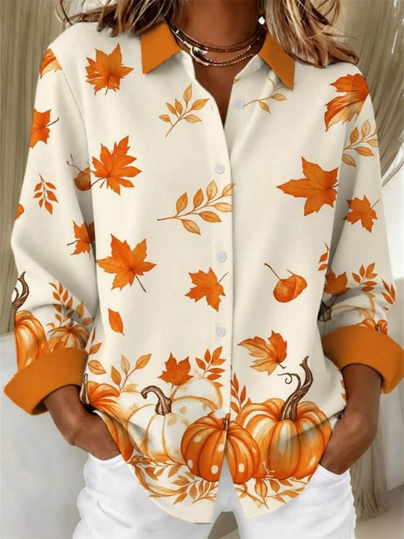 Women's Halloween Multi Pumpkin Leaf Print Collared Long Sleeve Shirt