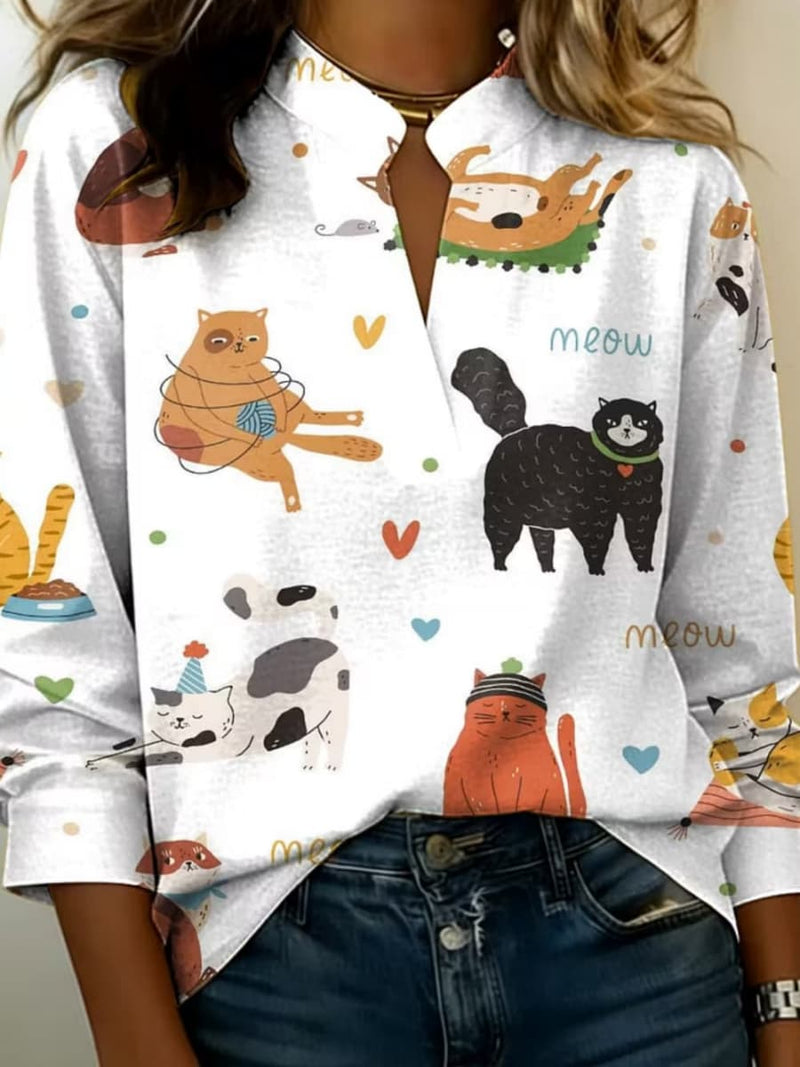 Women's White Cat Print Collared Long Sleeve Shirt