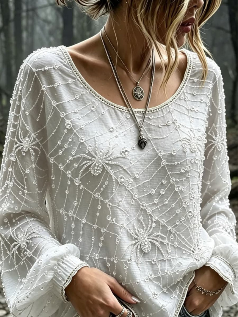 Women's Halloween White Spider Web Lace Round Neck Long Sleeve Blouse