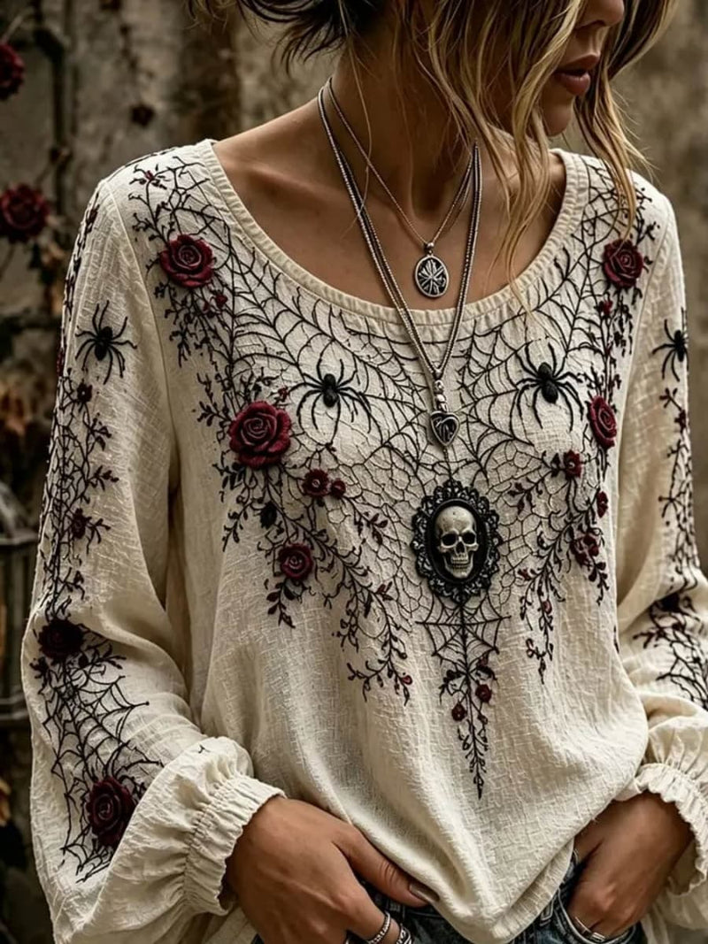 Women's Halloween Beige Skull Rose Spider Web Print Round Neck Long Sleeve Blouse