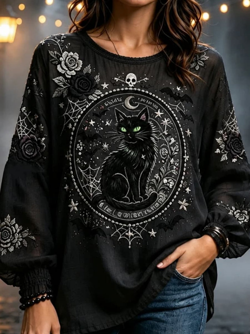 Women's Halloween Black Cat Rose Print Round Neck Long Sleeve Blouse