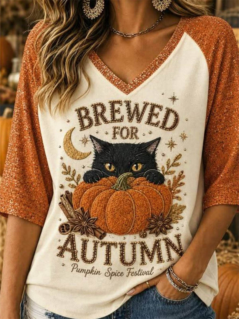 Women's Halloween Beige Cat Pumpkin Print V Neck 3/4 Sleeve Blouse