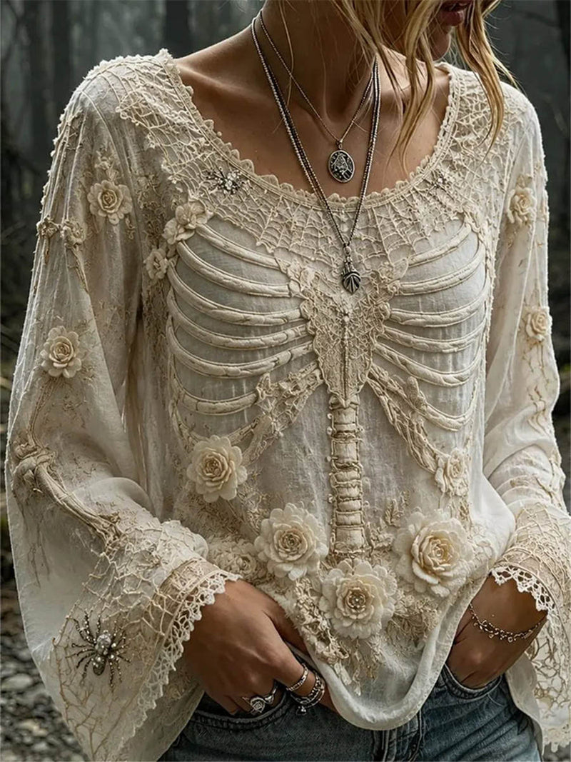 Women's Halloween Beige Skeleton Lace Round Neck Long Sleeve Blouse