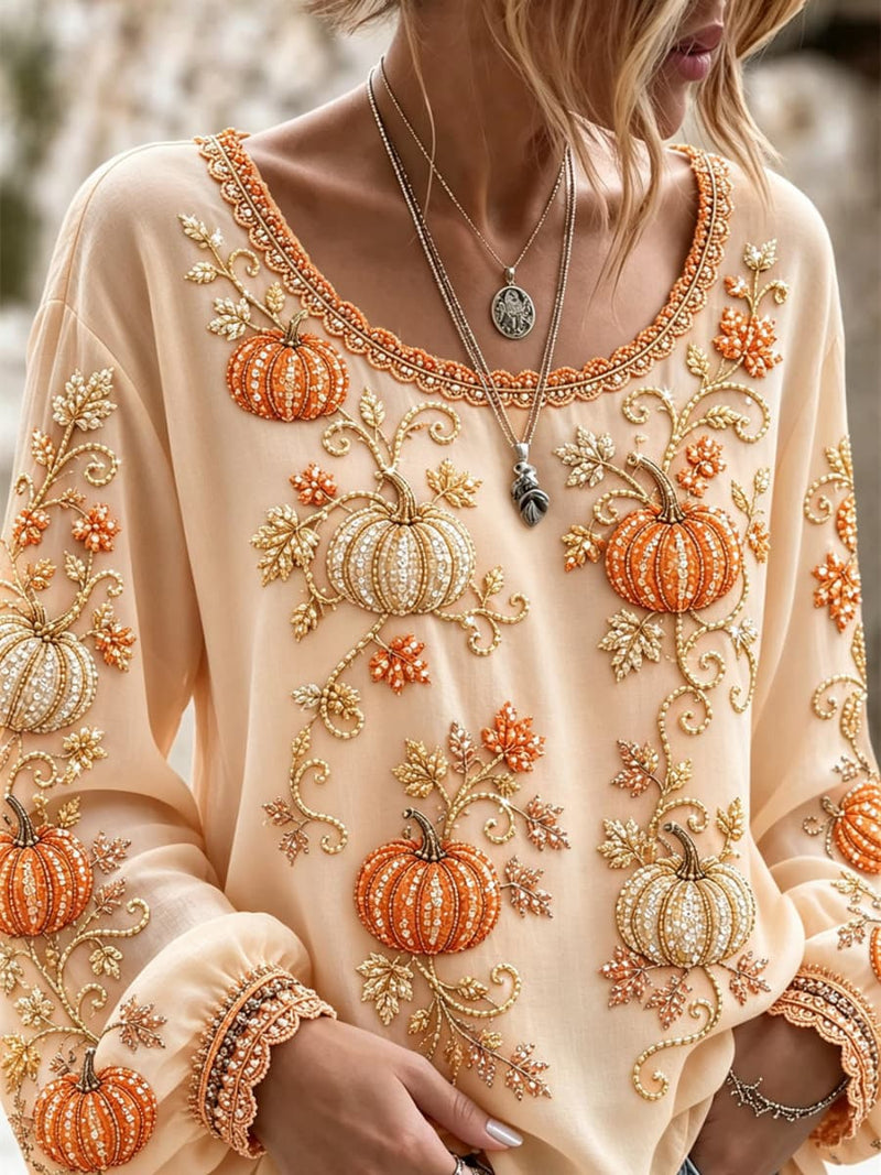 Women's Halloween Beige Pumpkin Print V Neck Long Sleeve Blouse