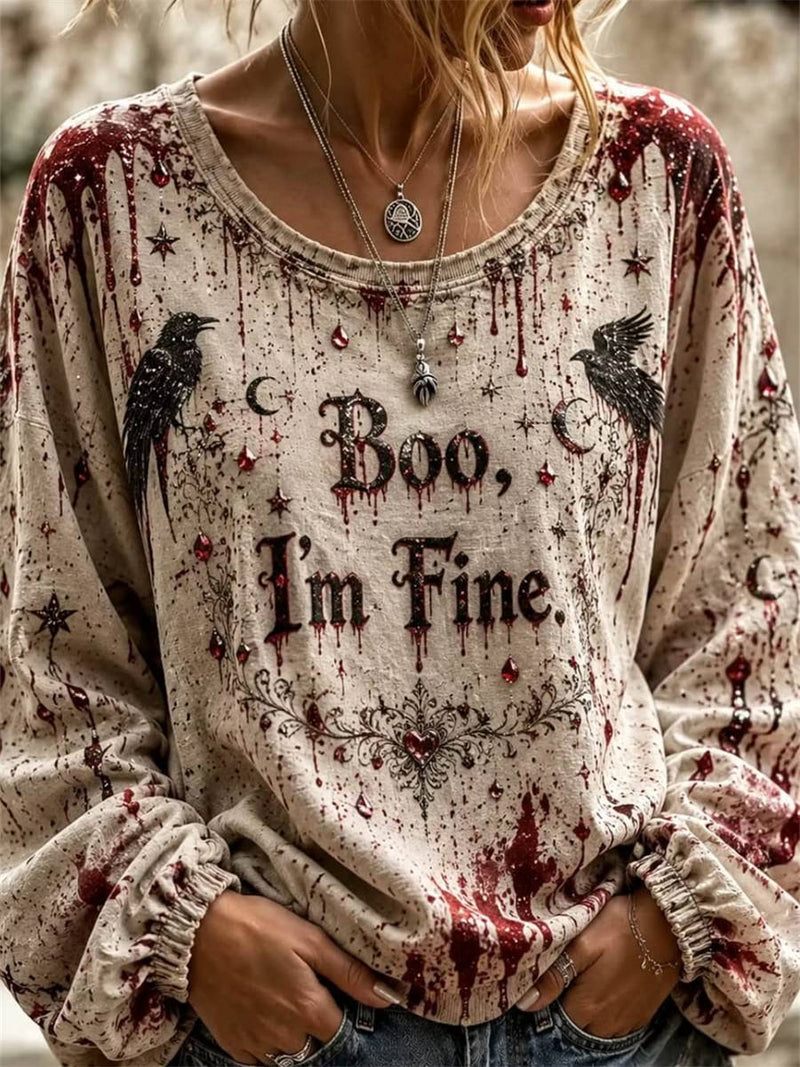 Women's Halloween Beige Raven Boo Print Round Neck Long Sleeve Blouse