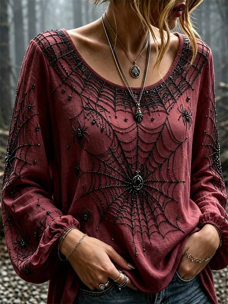 Women's Halloween Red Spider Web Print Round Neck Long Sleeve Blouse
